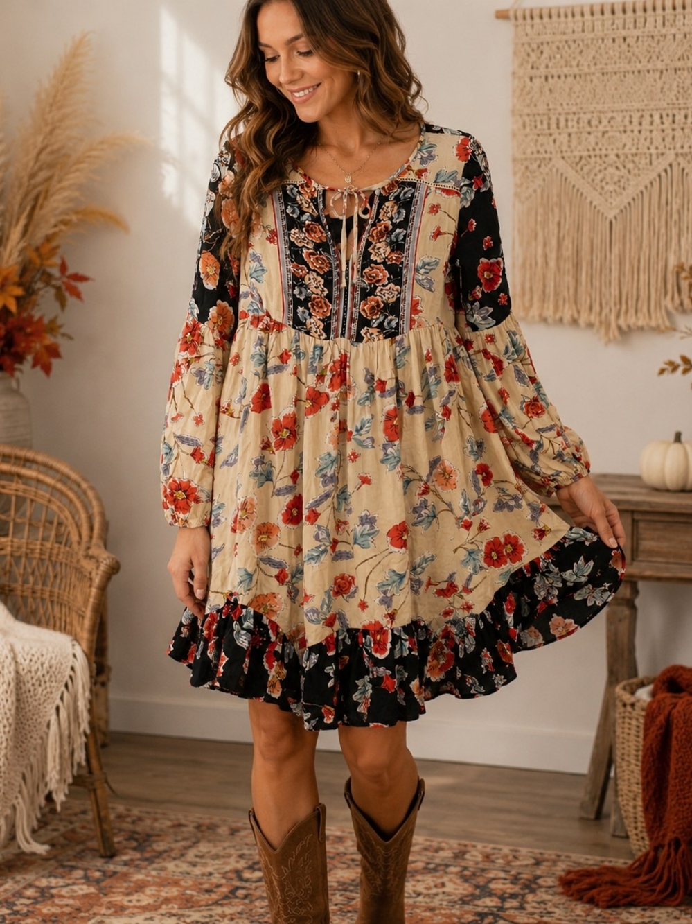 Patrons of Peace Floral Patchwork Mini Dress in Beige and Black Size Small